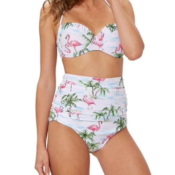 Marilyn Monroe Swim Pushup Ruched 2-Piece Swimsuit Flamingo Print M High Rise - Picture 1 of 11